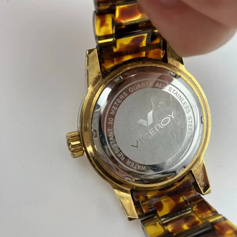 Viceroy Quartz Watch Gold Tone Tortoise Shell Band 30M Water Resistant Date Dial